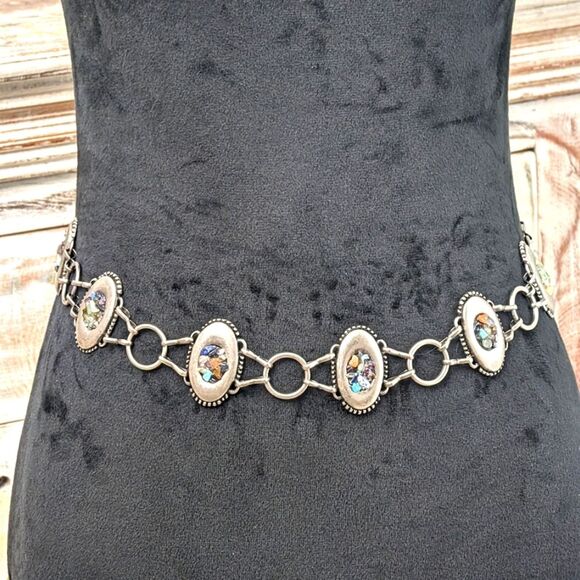 Antique Silver Tone Natural Stone Chip Western Boho Belt 43\